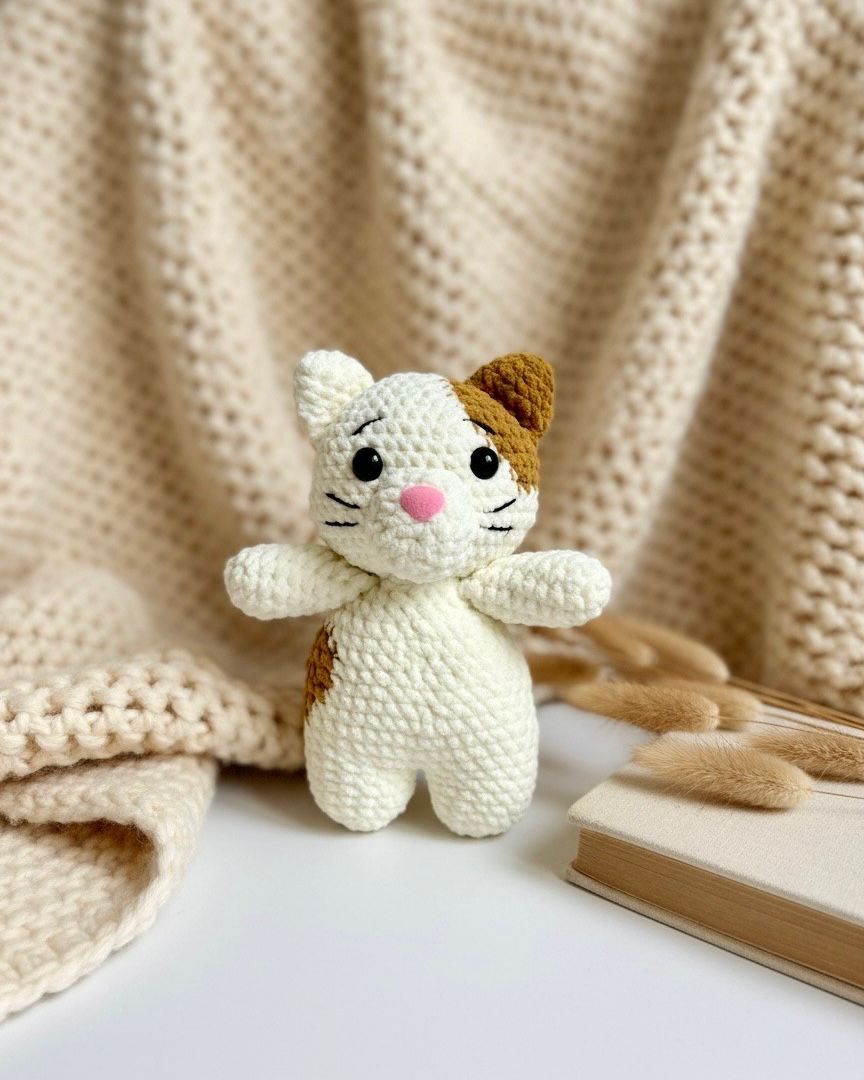 Gatito crochet blanco y marrón